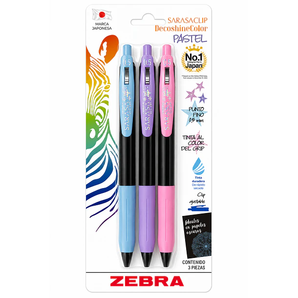 BOLÍGRAFOS GEL ZEBRA SARASA CLIP PASTEL 0.5 MM 3 UN 1