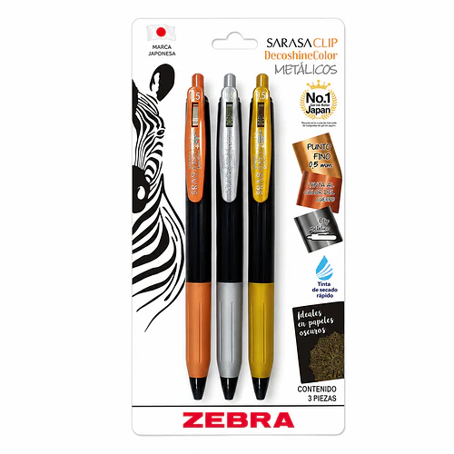 BOLÍGRAFOS ZEBRA SARASA CLIP METÁLICOS 0.5 MM SET 3 