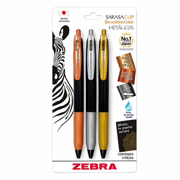 BOLÍGRAFOS ZEBRA SARASA CLIP METÁLICOS 0.5 MM SET 3  1