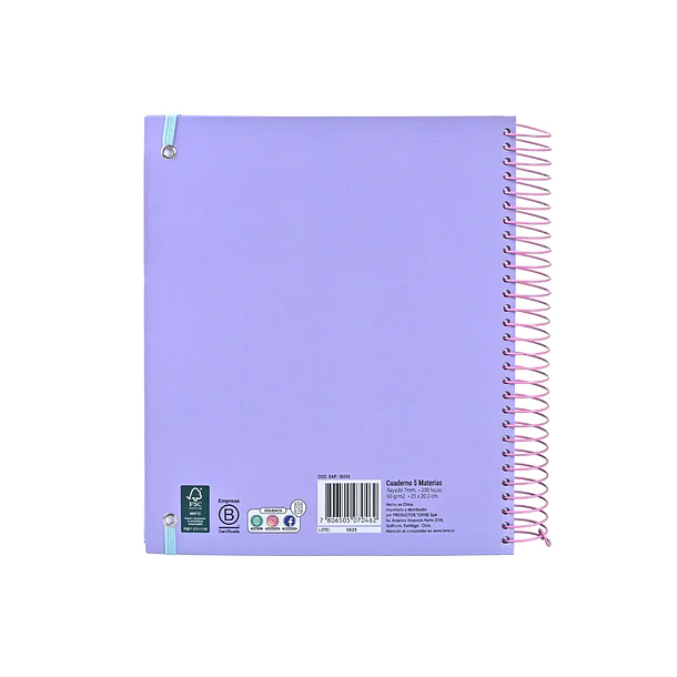 CUADERNO 5 MATERIAS 200 HOJAS 7MM TORRE 8