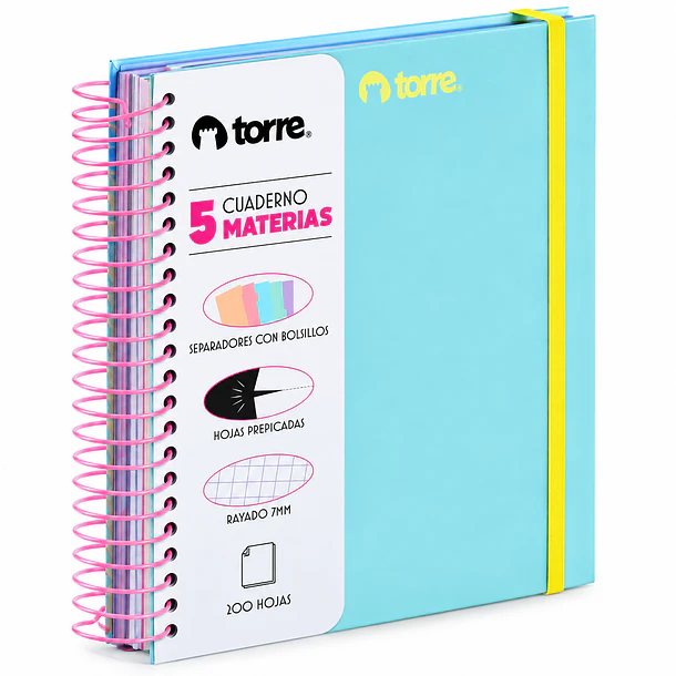 CUADERNO 5 MATERIAS 200 HOJAS 7MM TORRE 2