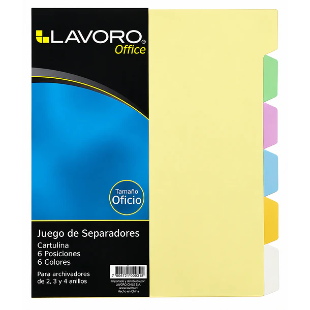 SEPARADOR OFICIO CARTON 6 DIVISIONES 6 COLORES LAVORO
