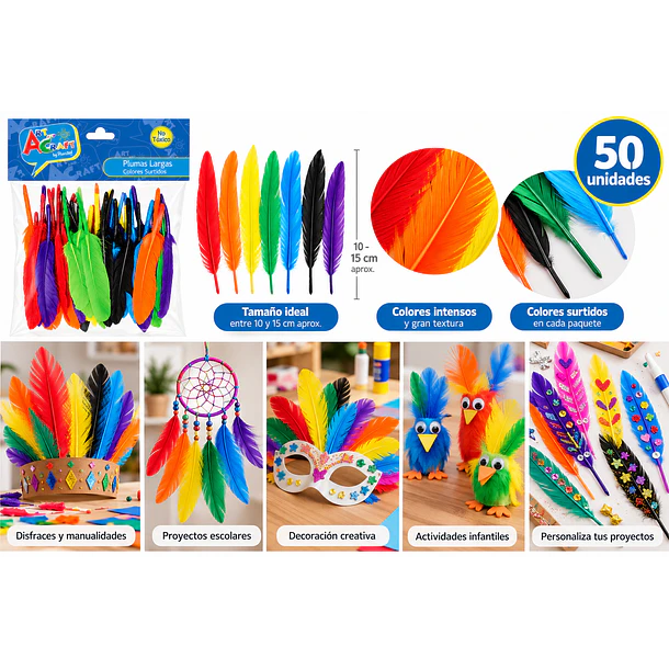 PLUMAS LARGAS COLORES SURTIDOS 10-15 CM 50 UNIDADES 3