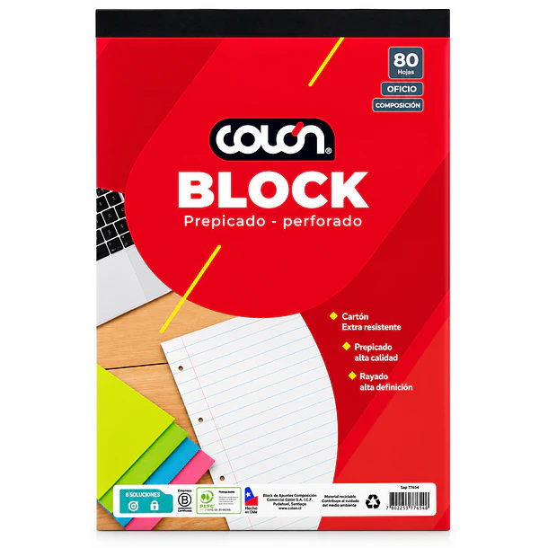 BLOCK PREPICADO PERFORADO OFICIO 80 HOJAS COMPOSICIÓN COLON