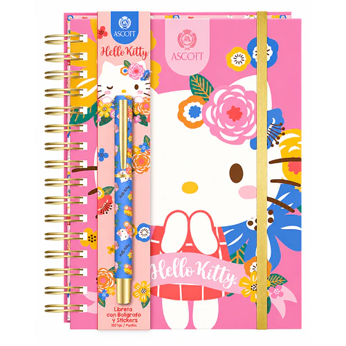 LIBRETA + BOLÍGRAFO + STICKERS HELLO KITTY ASCOTT