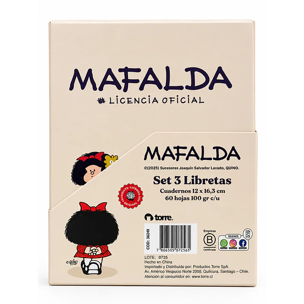 SET 3 LIBRETAS MAFALDA TAPA DURA 60 HOJAS TORRE 9