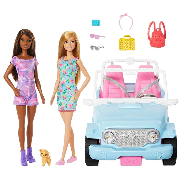 BARBIE Y AMIGA CON JEEP CELESTE Y ACCESORIOS MATTEL 1