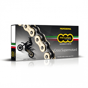 Cadena Regina Cross Supermotard 428, Reforzada, Sin O'ring, Dorada