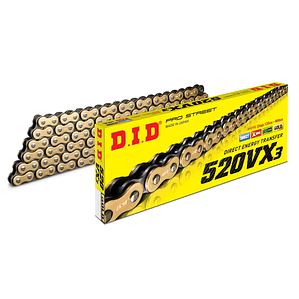 Cadena DID 520 VX3. Dorada, Con X'ring, Japonesa, 120L, Con Clip