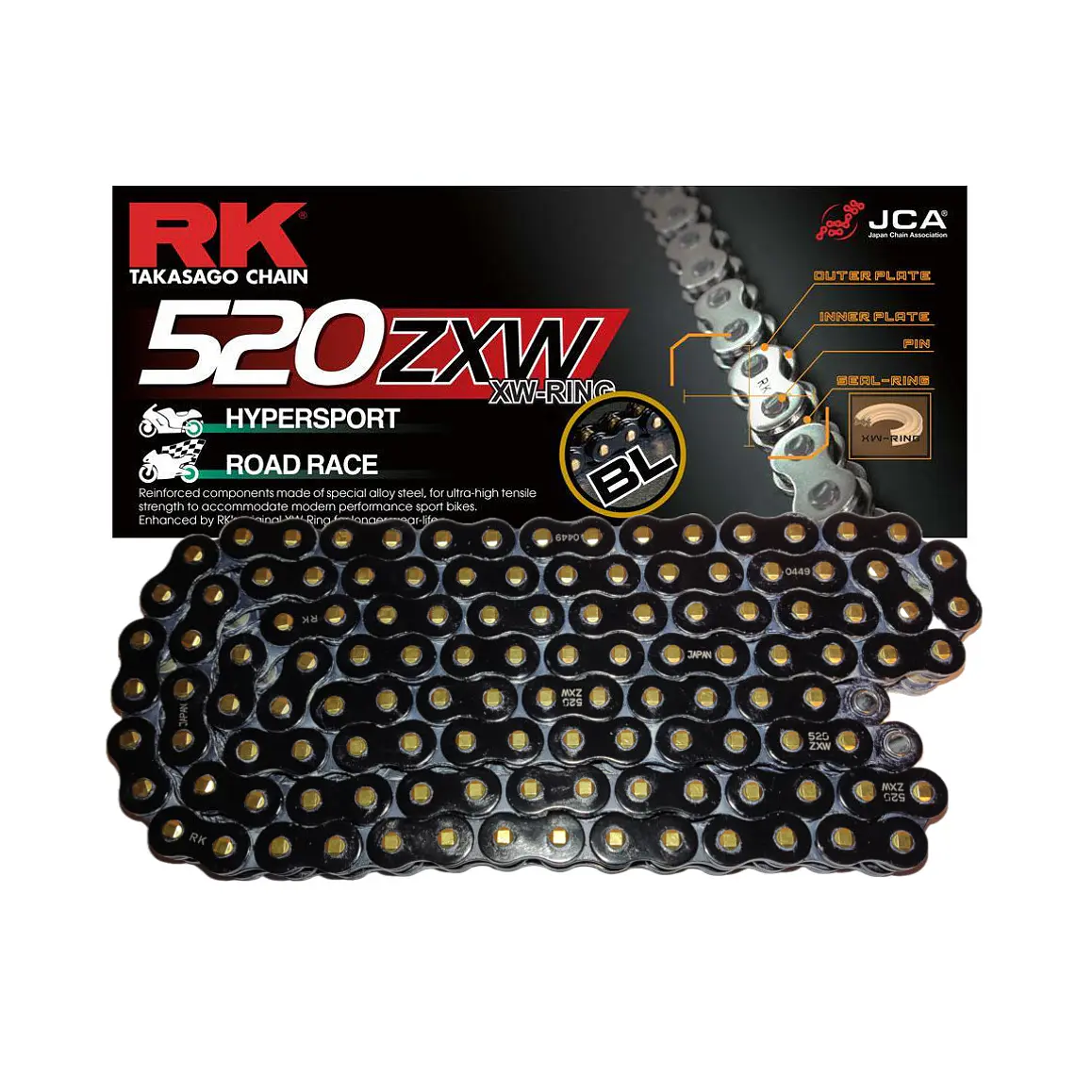 Cadena RK 520 ZXW. Black Scale, Xw'ring, Remache, Japonesa 1