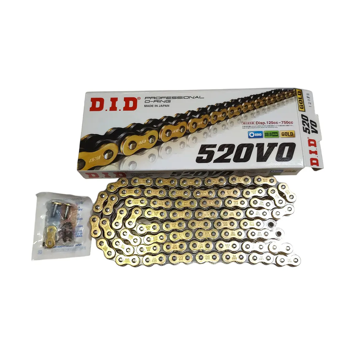 Cadena DID 520 VO. Con O'ring, Japonesa, 120L, Dorada 3