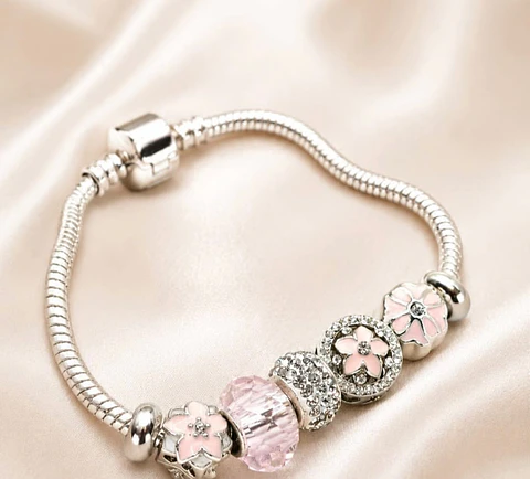 Pulsera Baño Oro Blanco con Accesorios Rosados