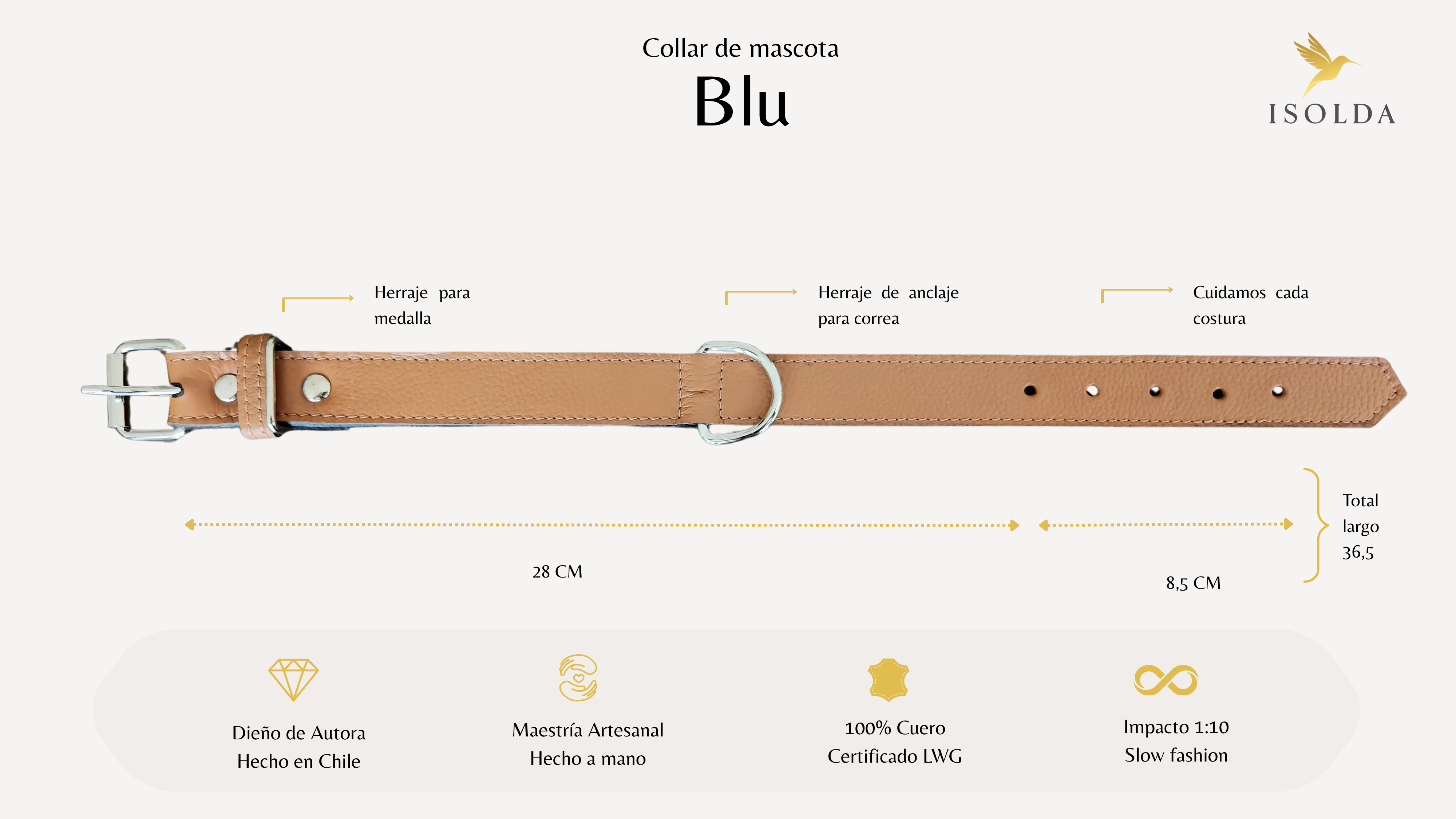 Collar Mascotas Blu - Color Caramelo -Cuero LWG - Hecho a mano 5
