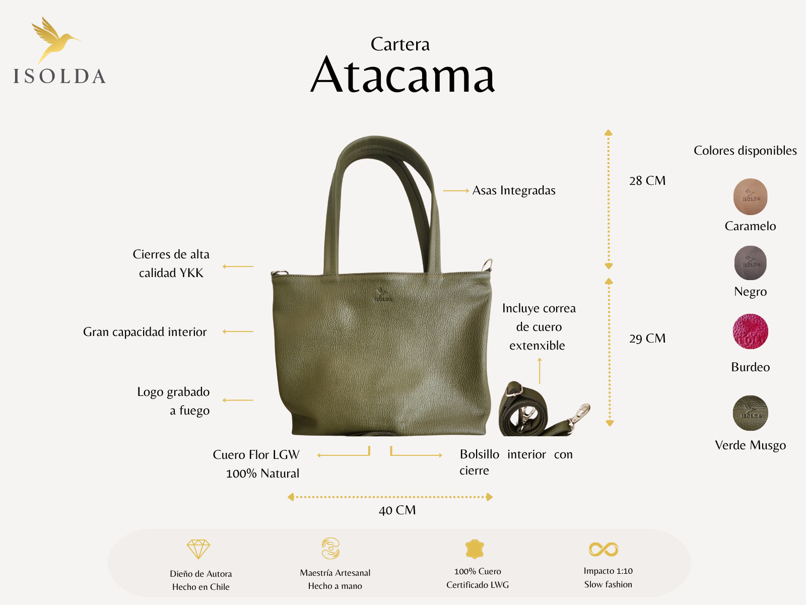 Tote Atacama - Color Verde - Cuero LWG - Hecho a mano  2