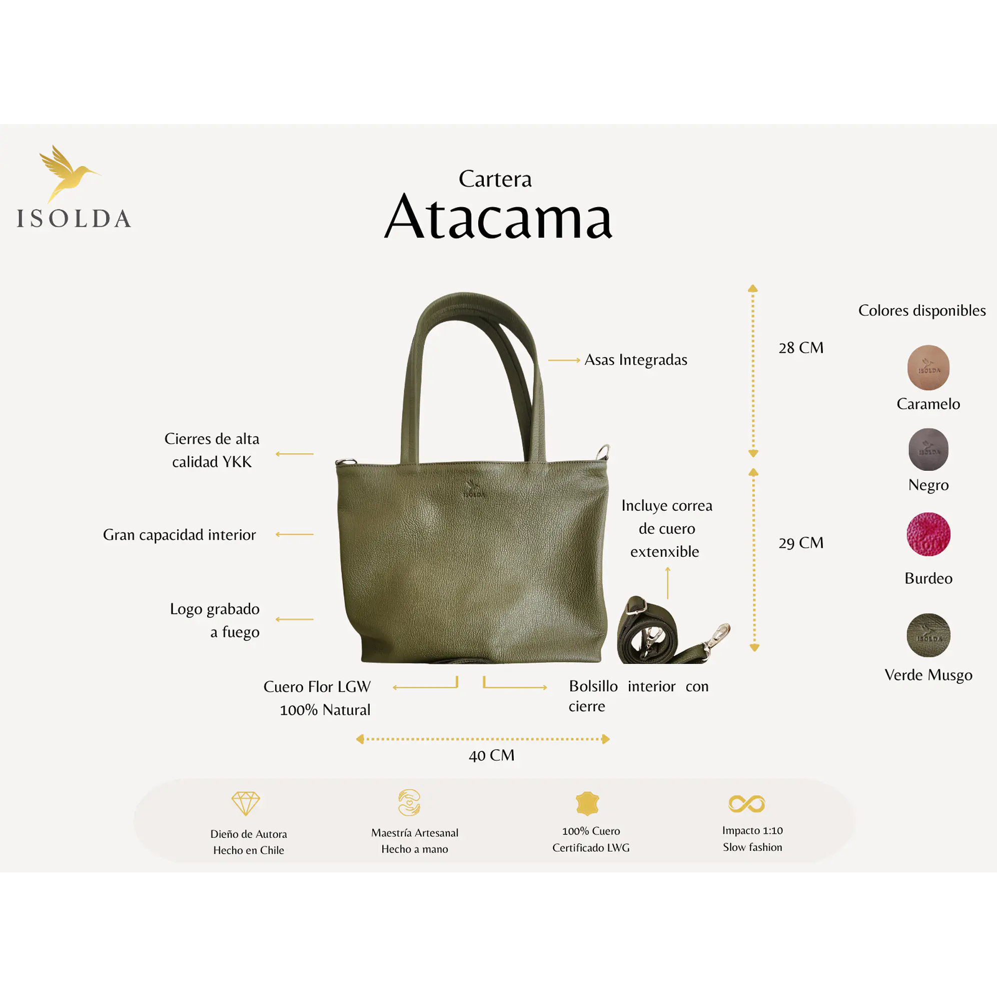 Cartera Atacama Verde - Cuero LWG - Hecho a mano  2