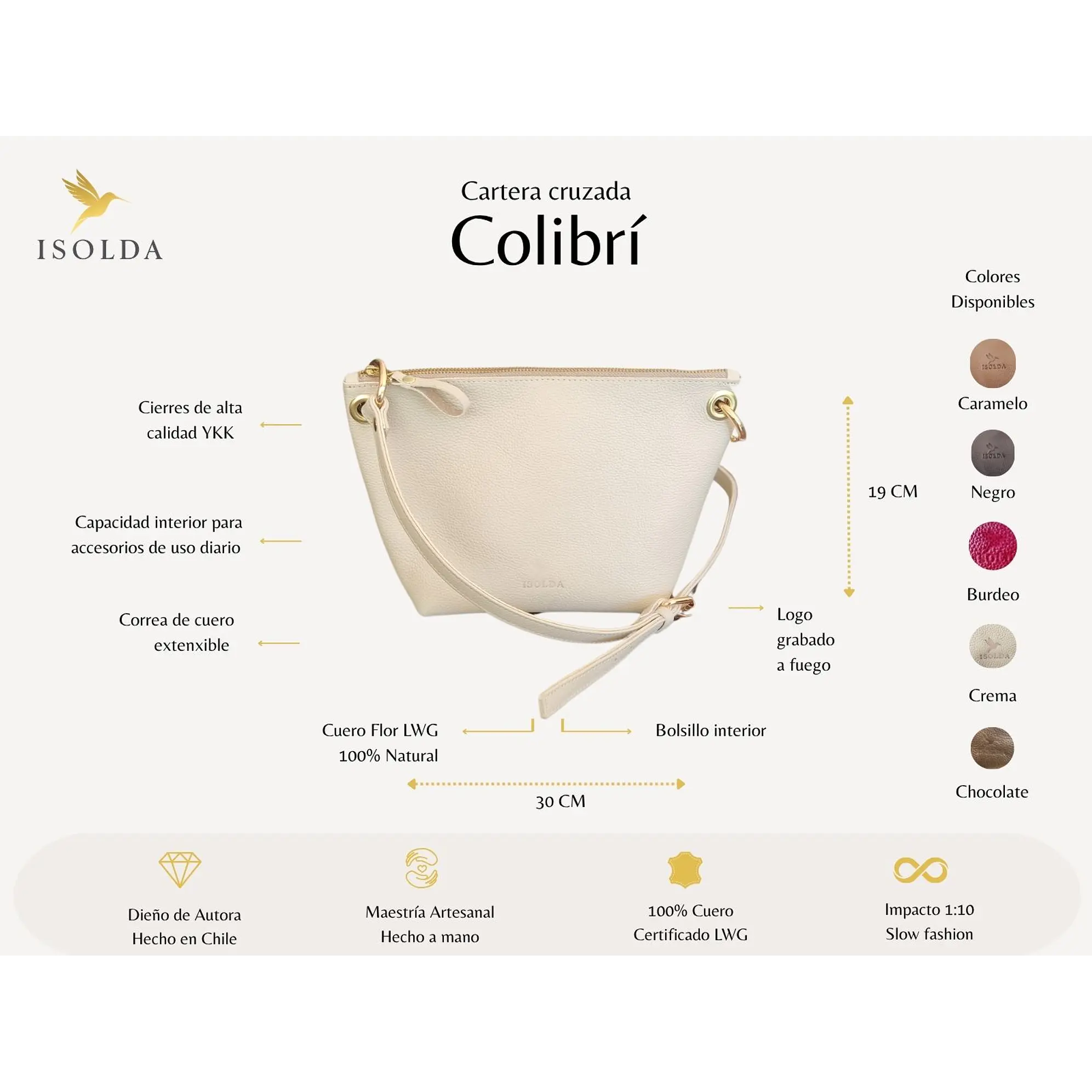 Cartera Colibrí Marfil - Cuero LWG - Hecho a mano 2