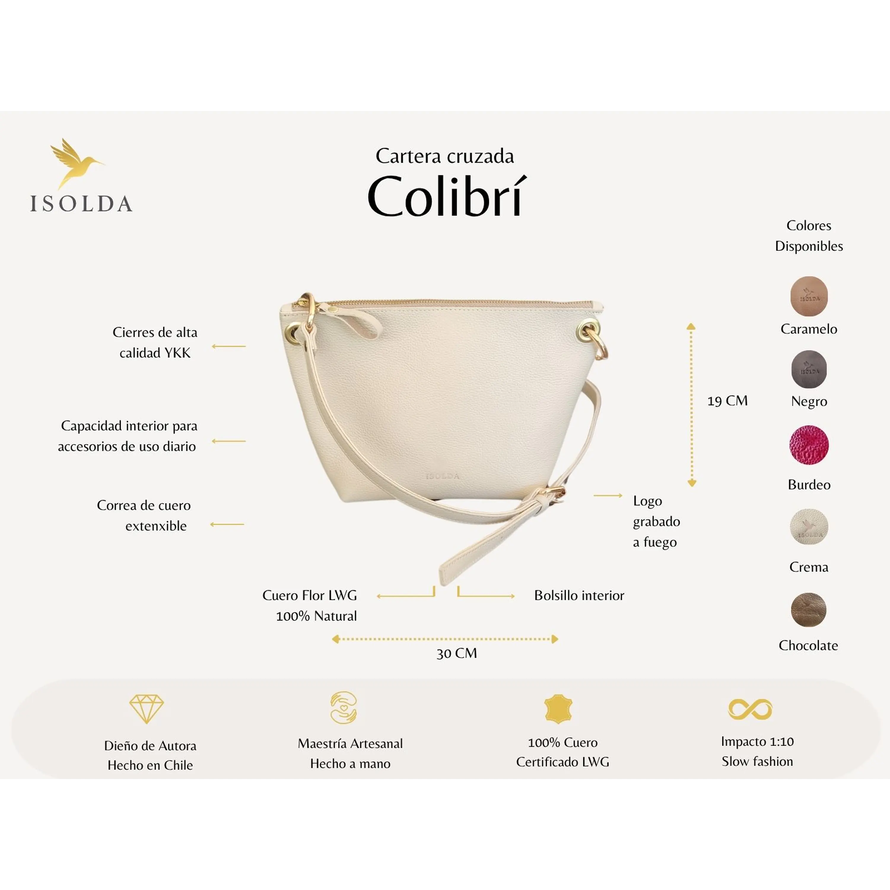 Cartera Colibrí Marfil - Cuero LWG - Hecho a mano 2