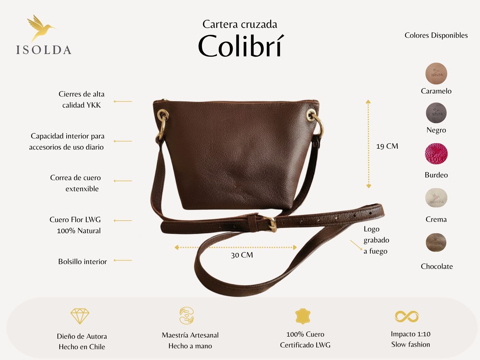 Cartera Colibrí - Color Chocolate - Cuero LWG - Hecho a mano 2
