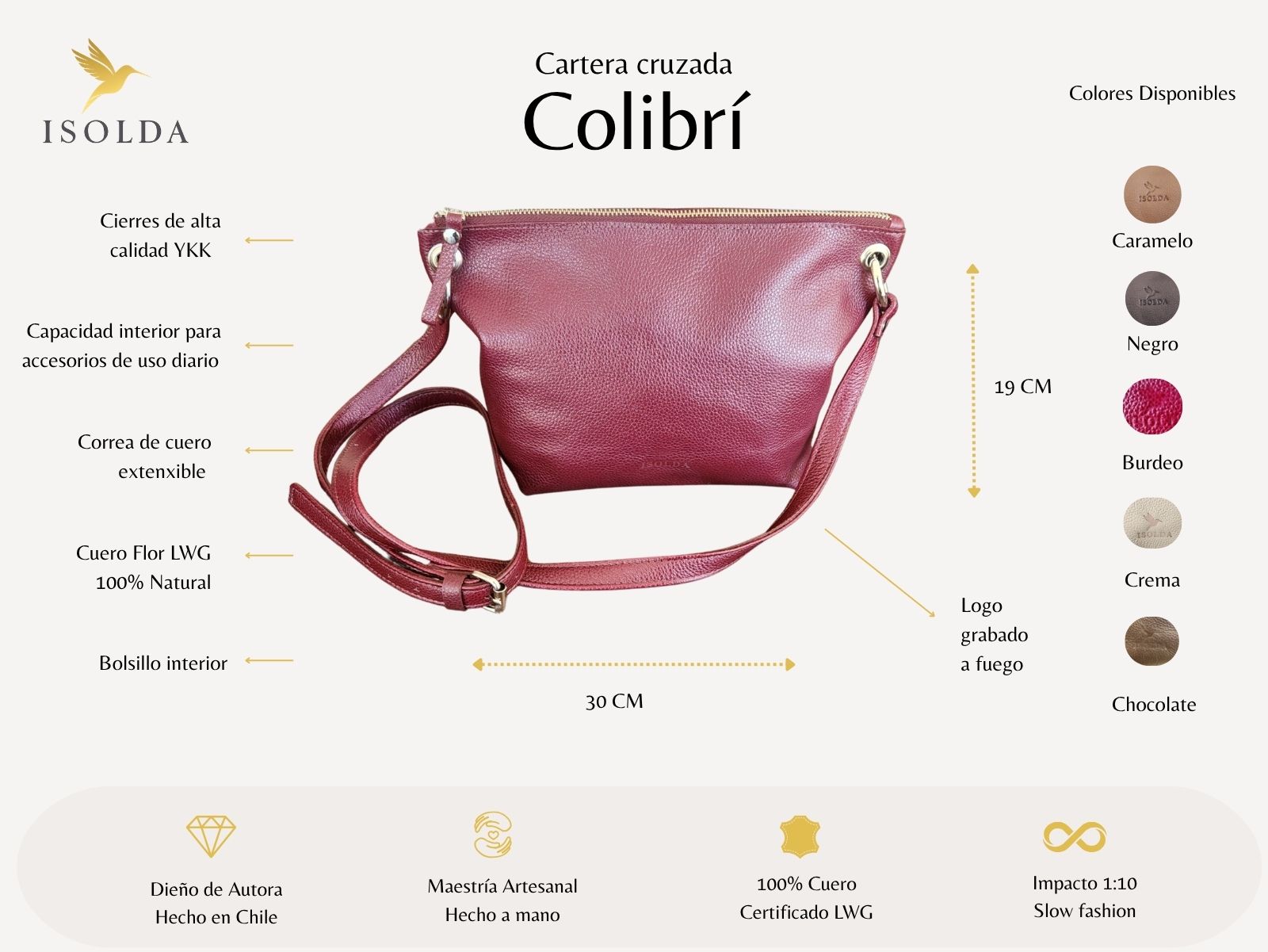 Cartera Colibrí  - Color Burdeo - Cuero LWG - Hecho a mano 2