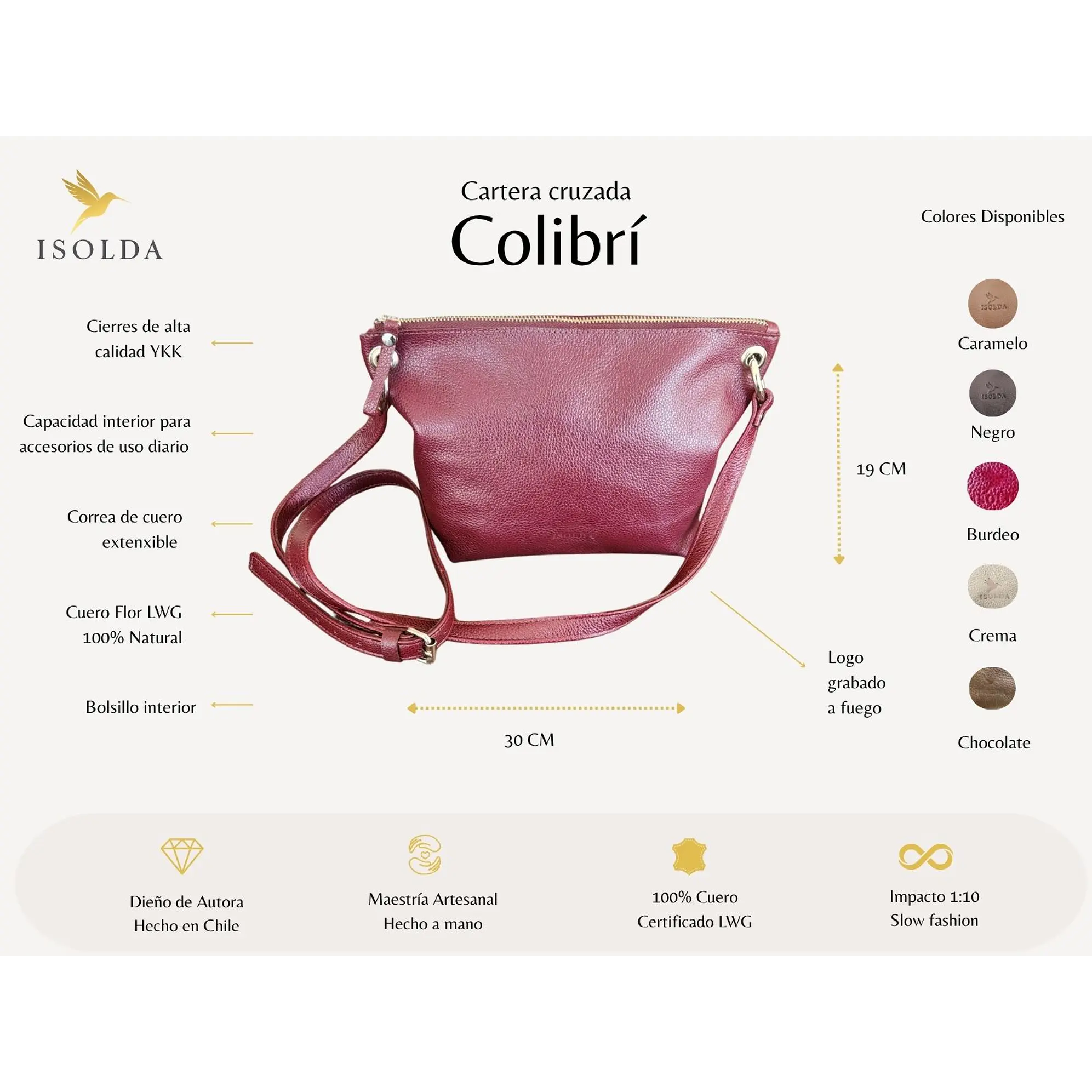 Cartera Colibrí Burdeo - Cuero LWG - Hecho a mano 2