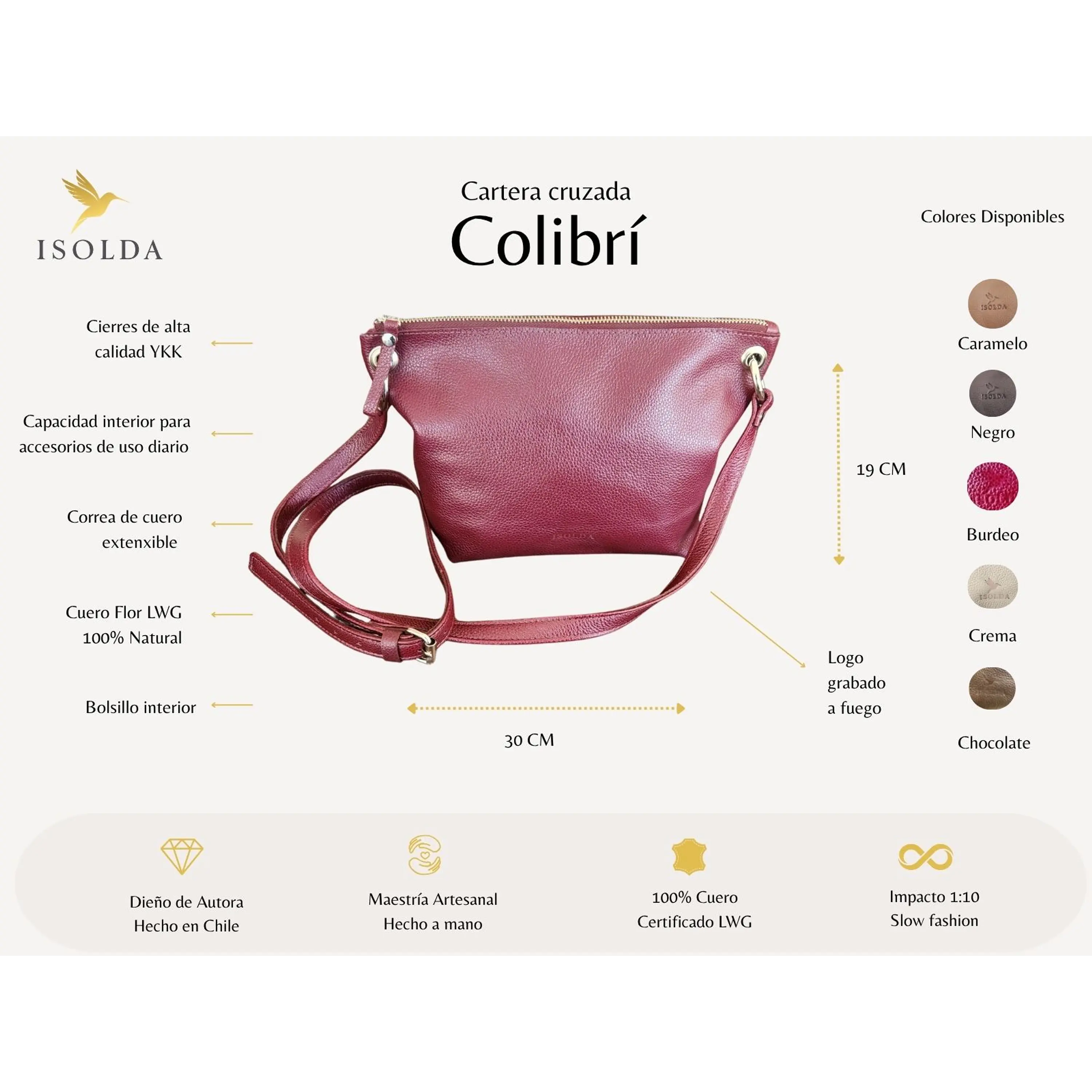 Cartera Colibrí Burdeo - Cuero LWG - Hecho a mano 2
