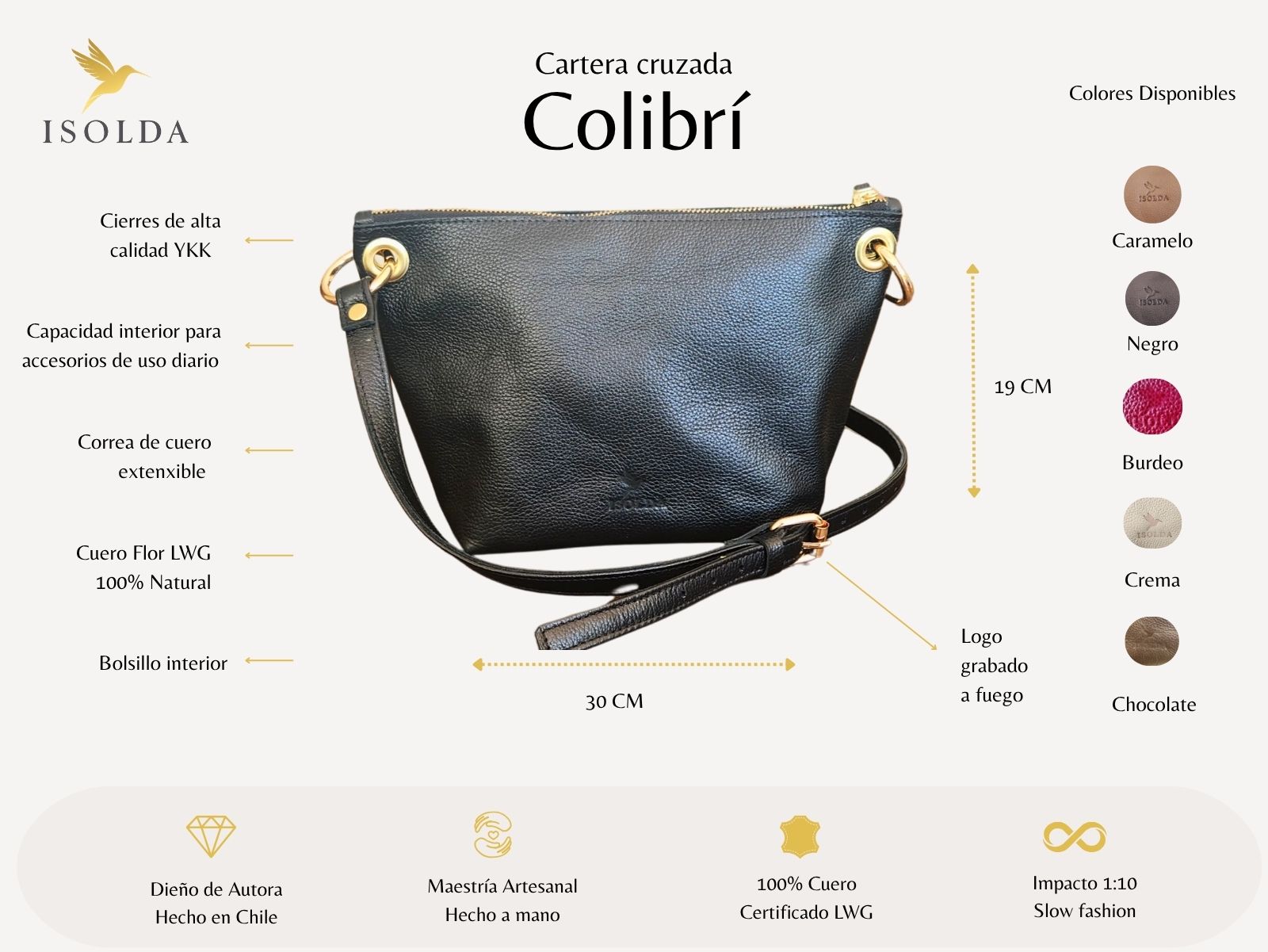 Cartera Colibrí - Color Negro - Cuero LWG - Hecho a mano 2