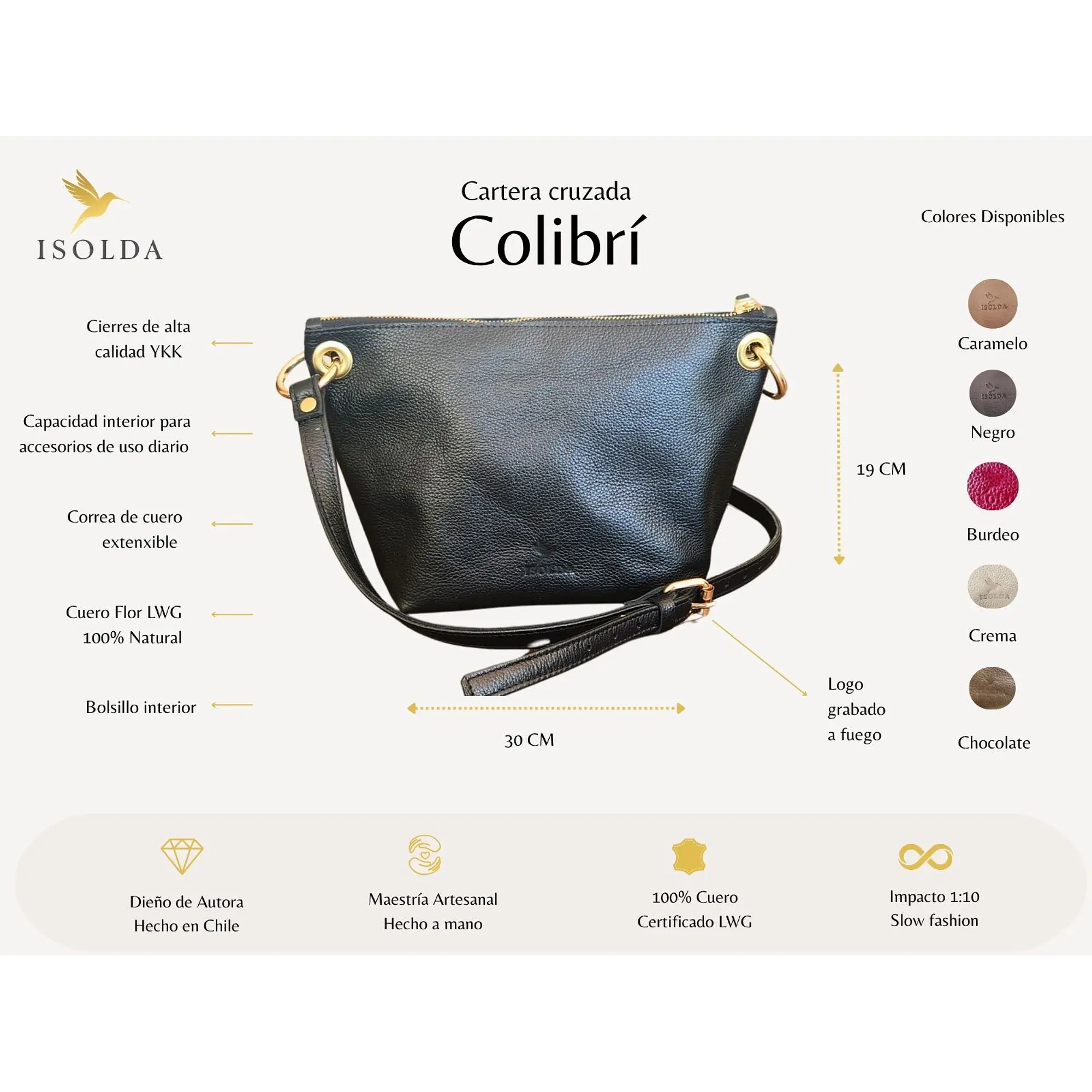 Cartera Colibrí Negra - Cuero LWG - Hecho a mano 2