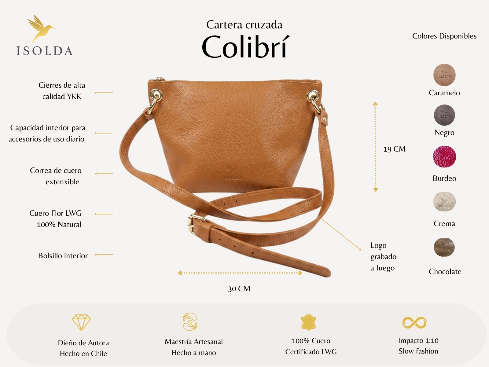 Cartera Colibrí  - Color Caramelo - Cuero LWG - Hecho a mano 2