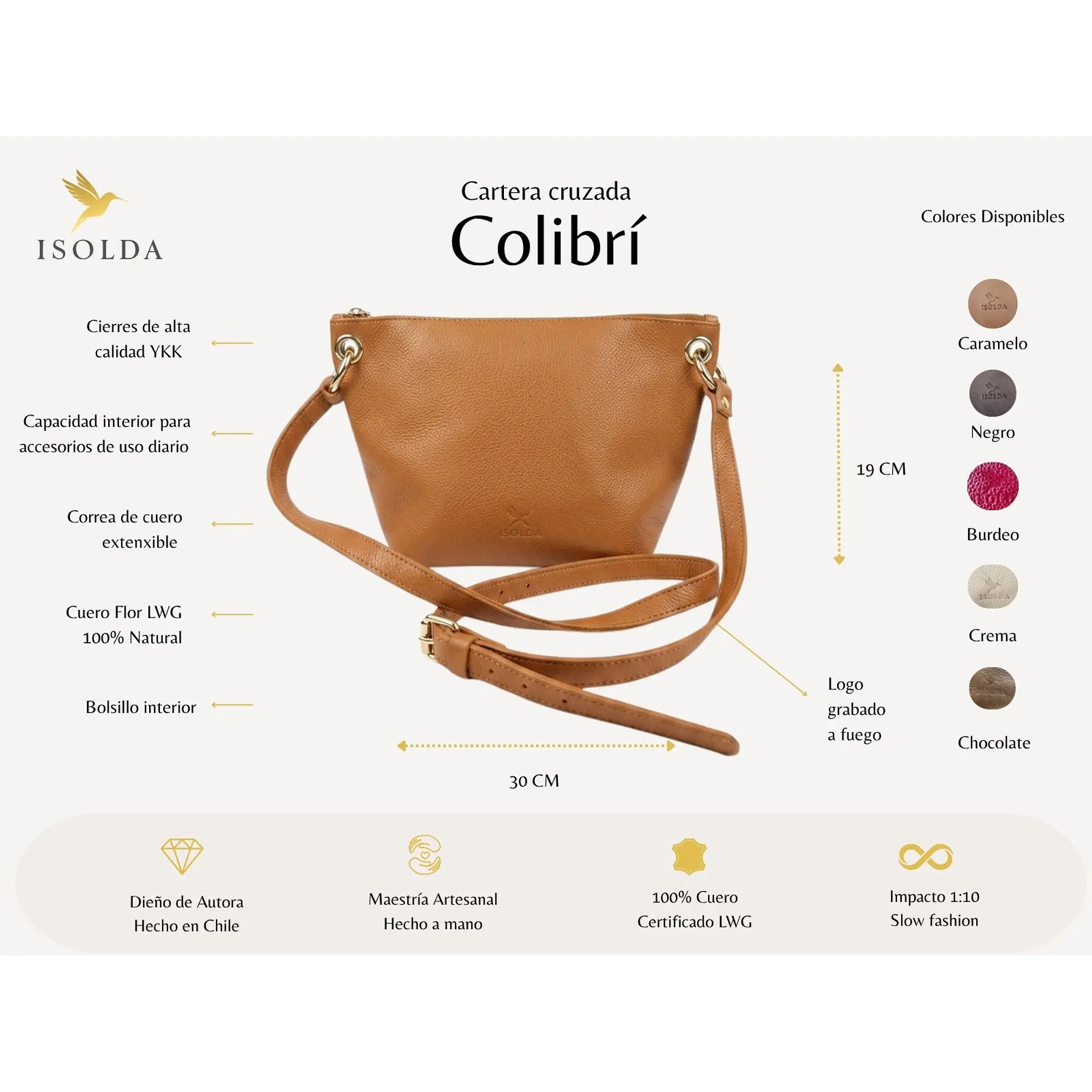 Cartera Colibrí Caramelo - Cuero LWG - Hecho a mano 2
