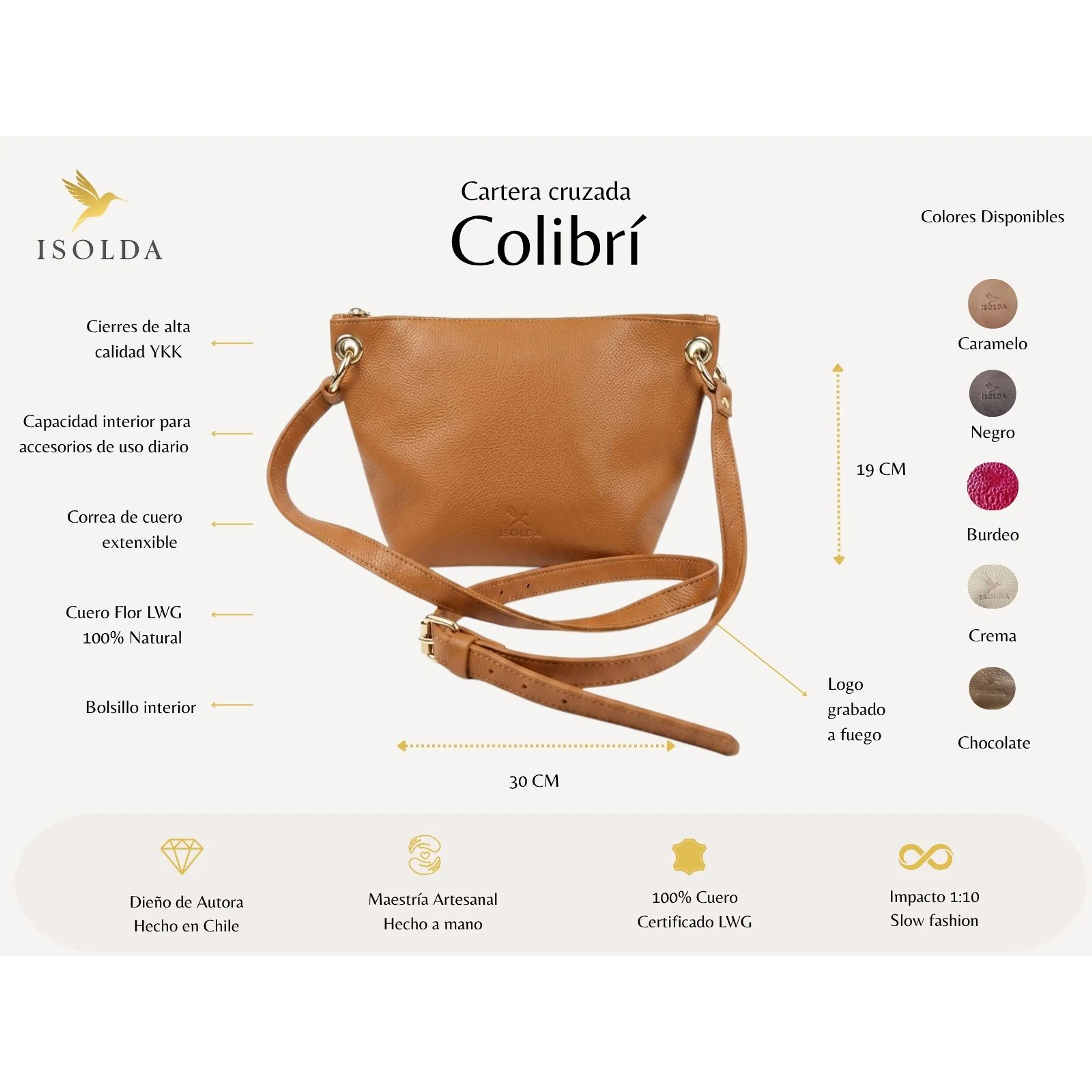 Cartera Colibrí Caramelo - Cuero LWG - Hecho a mano 2