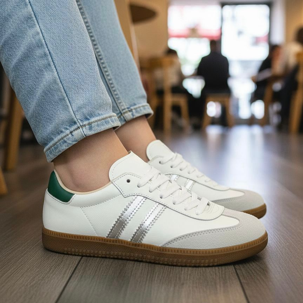 Zapatilla Ibiza Blanca Lineas Plata Talon Verde