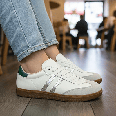 Zapatilla Ibiza Blanca Lineas Plata Talon Verde