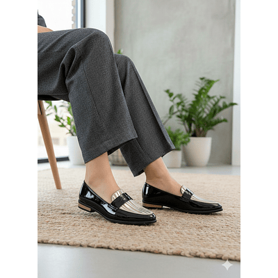 Mocasin Versalles Negro Charol Plata