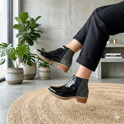 Botín Cuero Londres Negro Plata