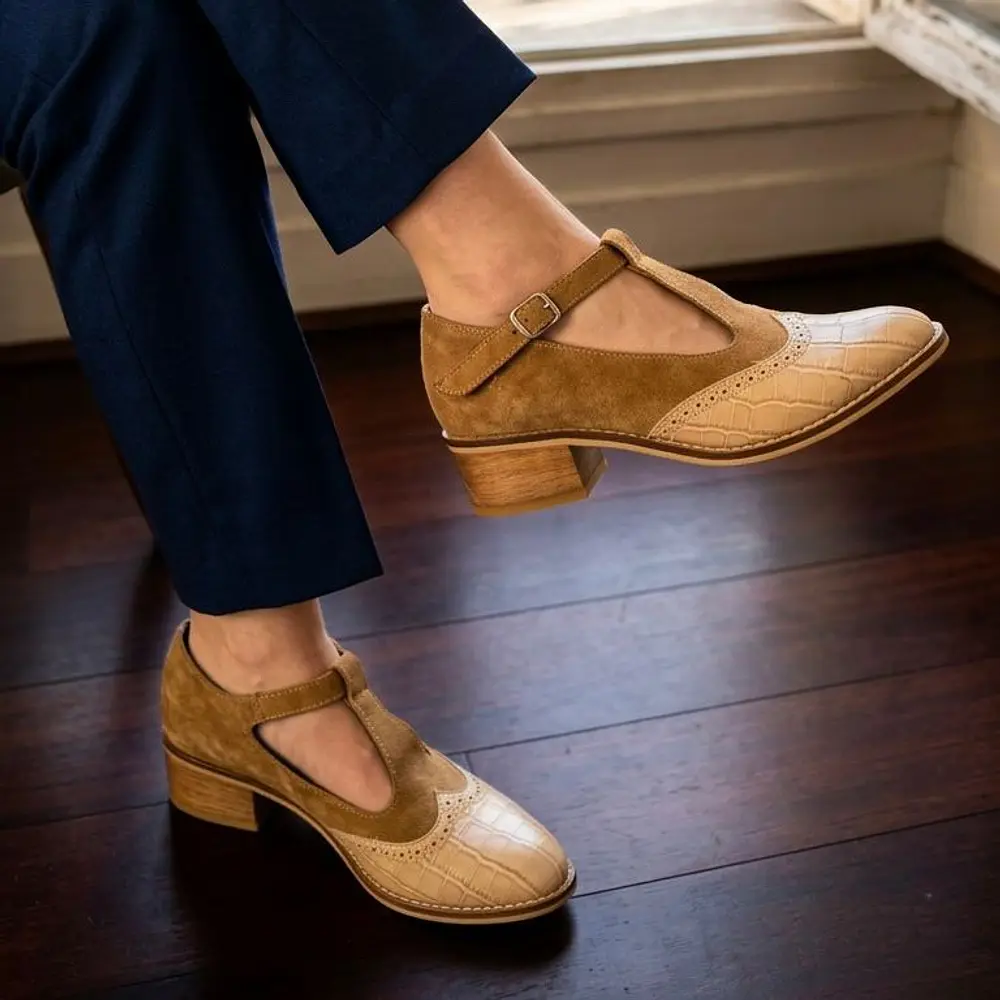 Zapato Malaga Croco Beige Gamuza