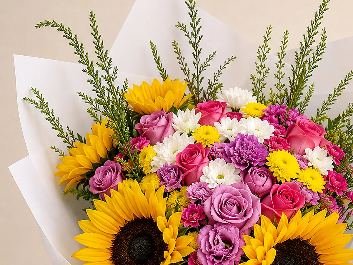 Ramo multicolor con girasoles, rosas y lisianthus de ItalFlor