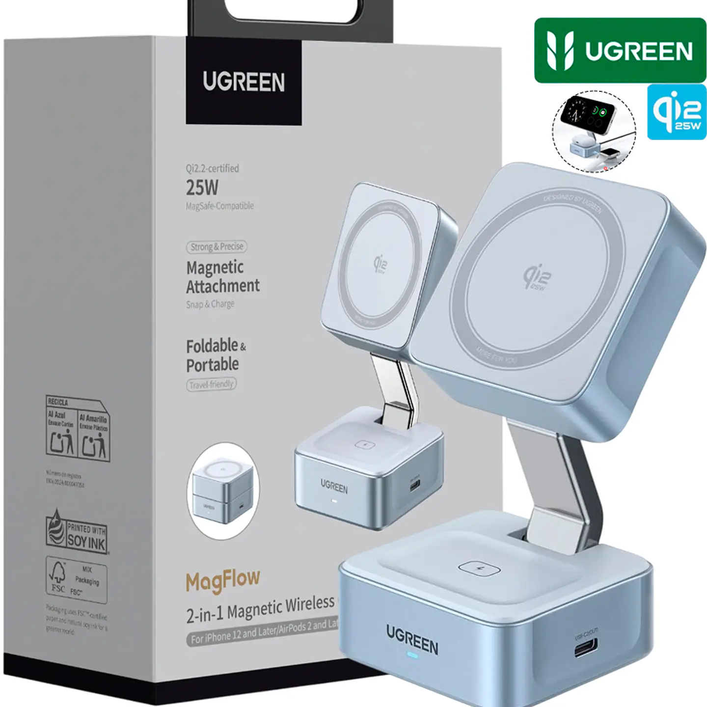 Cargador Inalámbrico Magnético MagFlow Qi2 25W 2 en 1 | UGREEN W752  4