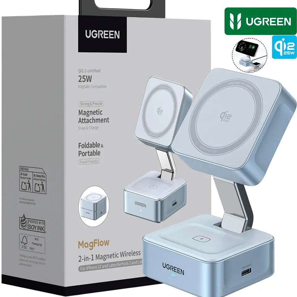 Cargador Inalámbrico Magnético MagFlow Qi2 25W 2 en 1 | UGREEN W752  4