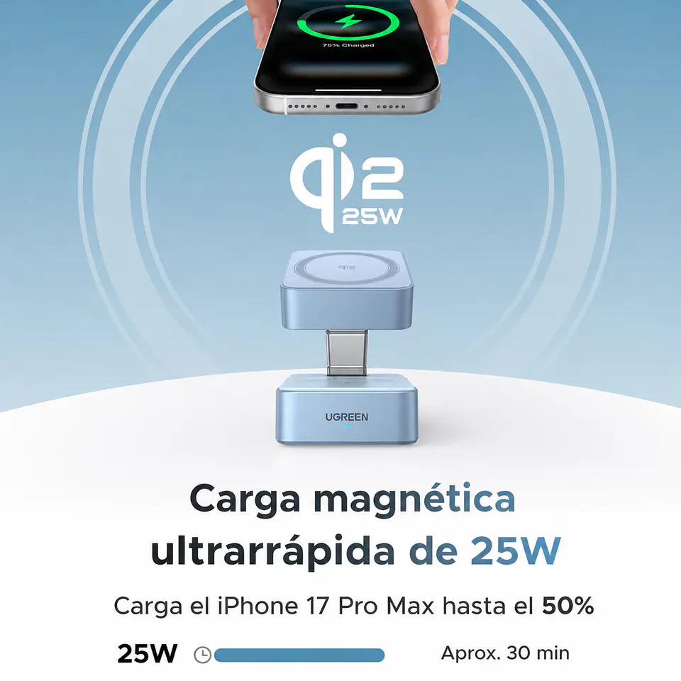 UGREEN W752 | Cargador Inalámbrico Magnético MagFlow Qi2 25W 2 en 1 2