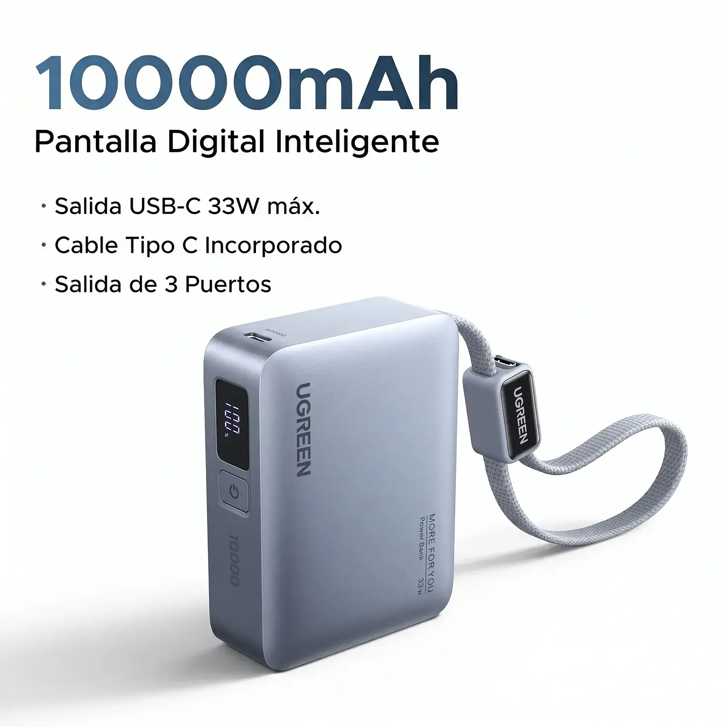 UGREEN PB584 | Power Bank 10,000mAh 33W con Cable USB-C Integrado 3