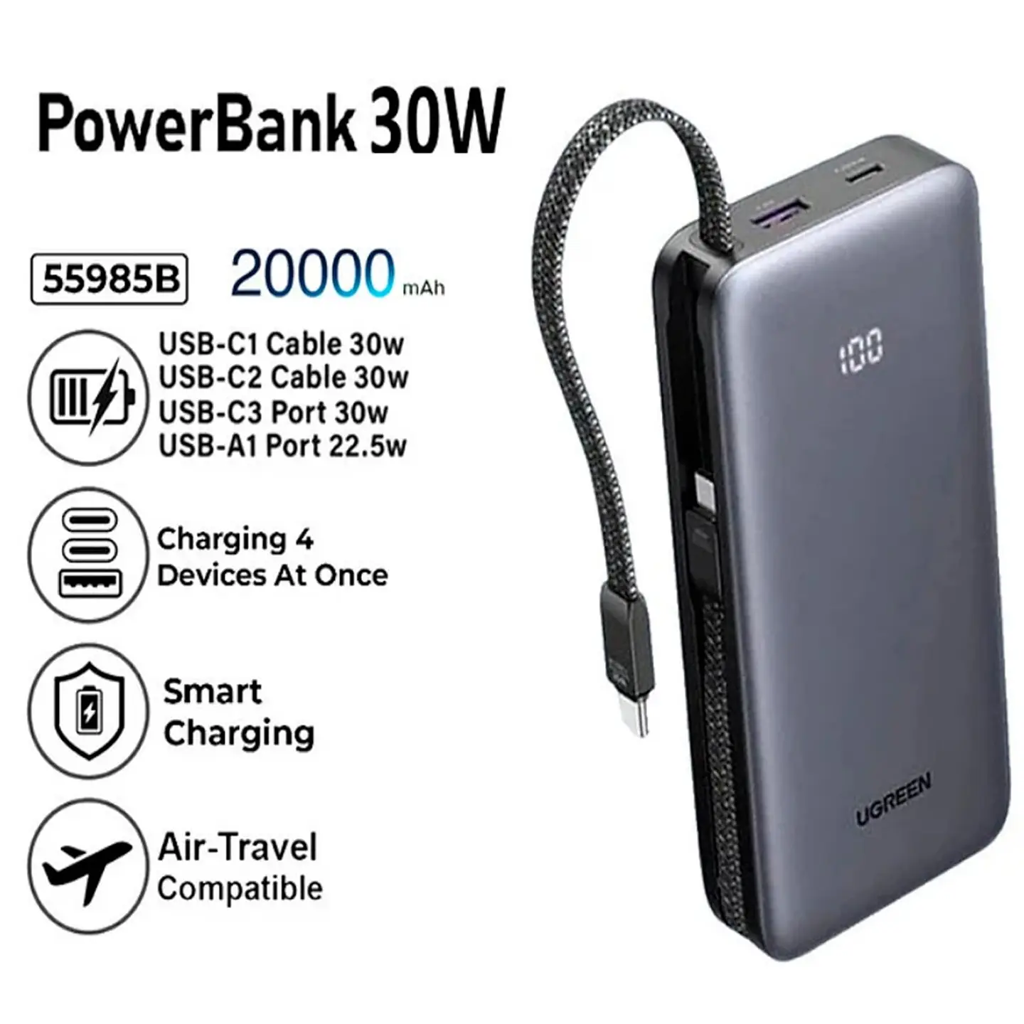 UGREEN PB528 | Power Bank 20,000mAh 30W con Cable USB-C Integrado 4