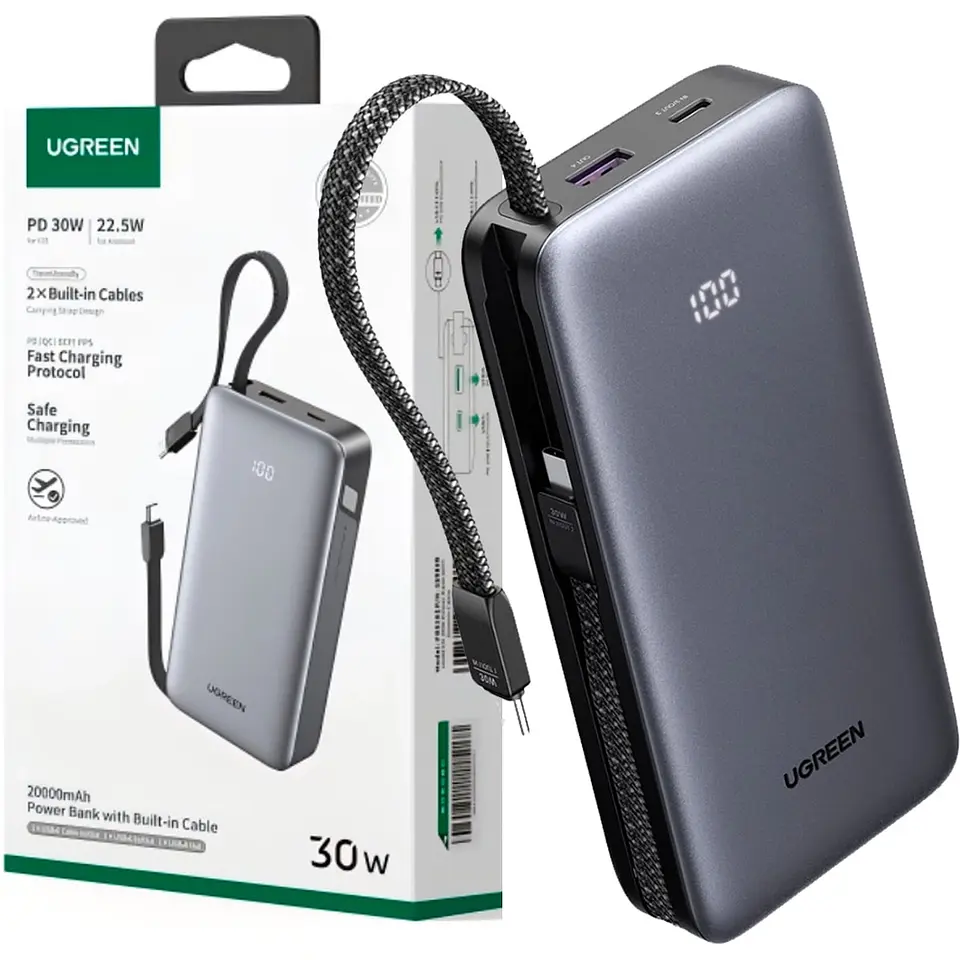 UGREEN PB528 | Power Bank 20,000mAh 30W con Cable USB-C Integrado 1