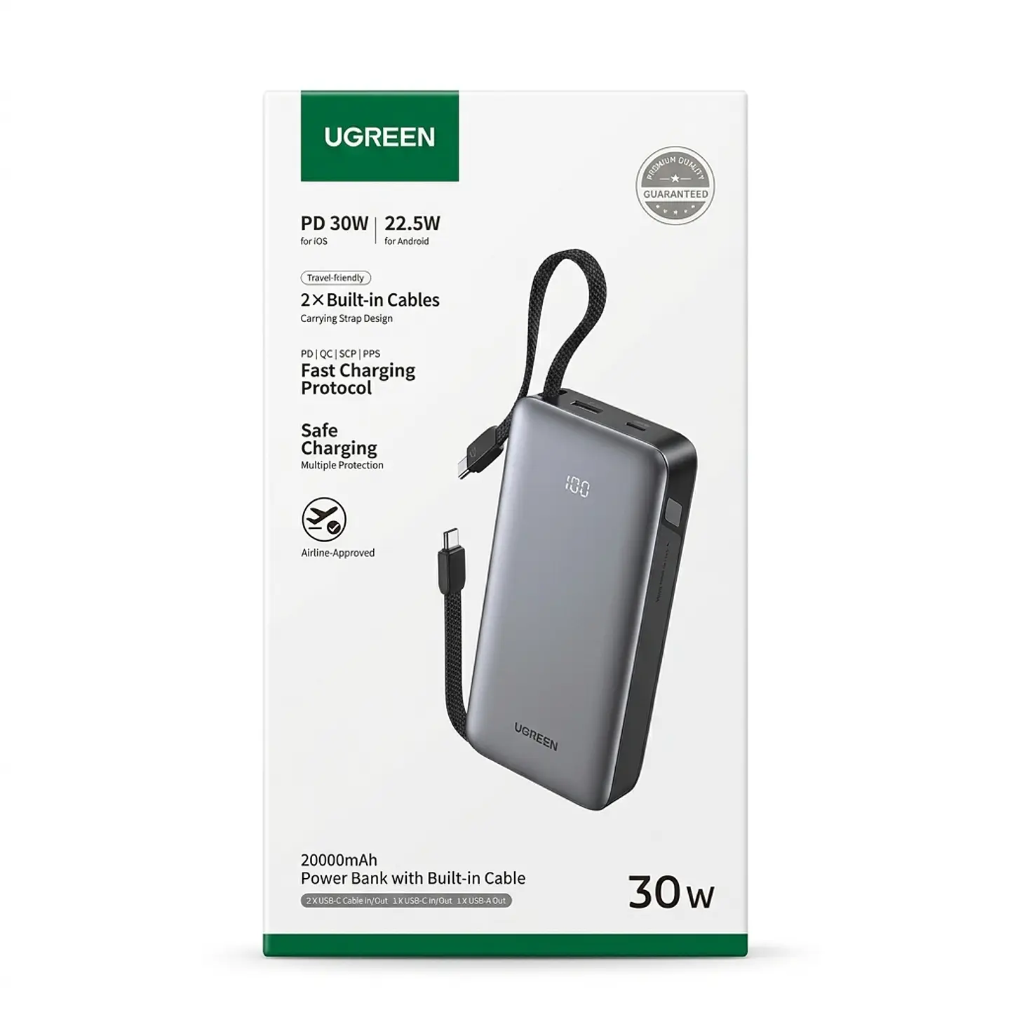 UGREEN PB528 | Power Bank 20,000mAh 30W con Cable USB-C Integrado 2