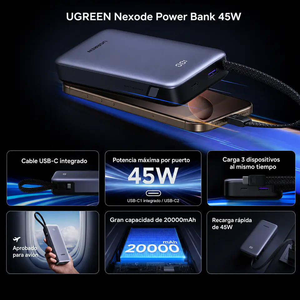 UGREEN PB536 | Power Bank 20,000mAh 45W con Cable USB-C Integrado 3