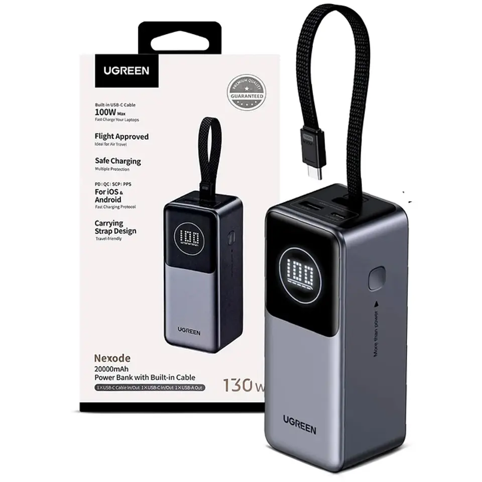UGREEN PB723 | Power Bank Nexode 20,000mAh 130W con Cable USB-C Integrado 1