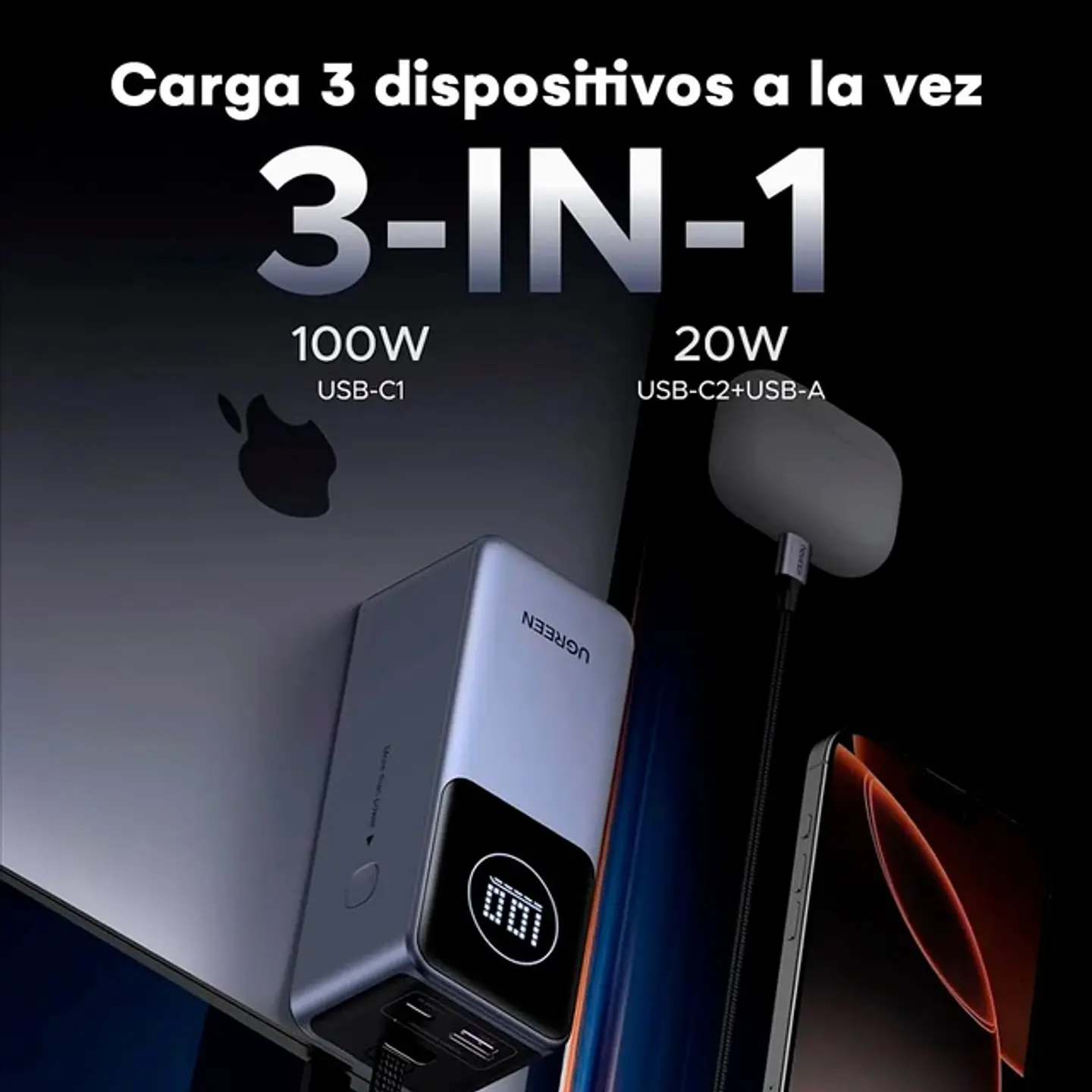 UGREEN PB723 | Power Bank Nexode 20,000mAh 130W con Cable USB-C Integrado 3