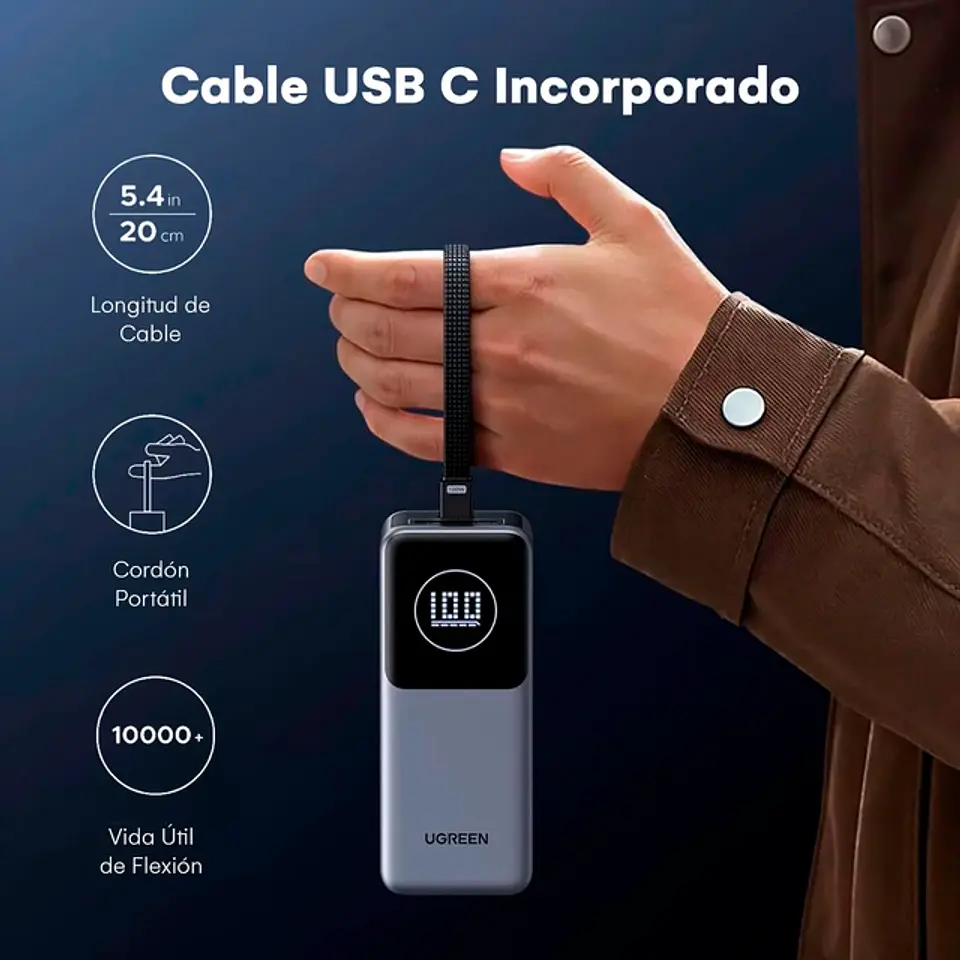 UGREEN PB723 | Power Bank Nexode 20,000mAh 130W con Cable USB-C Integrado 4