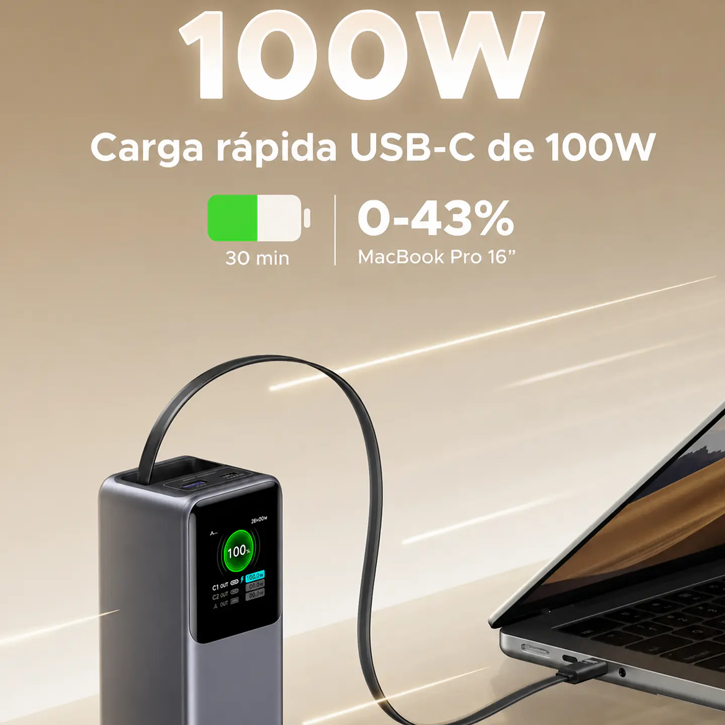 UGREEN PB726 | Power Bank Nexode 20,000mAh 165W con Cable USB-C Retráctil 2