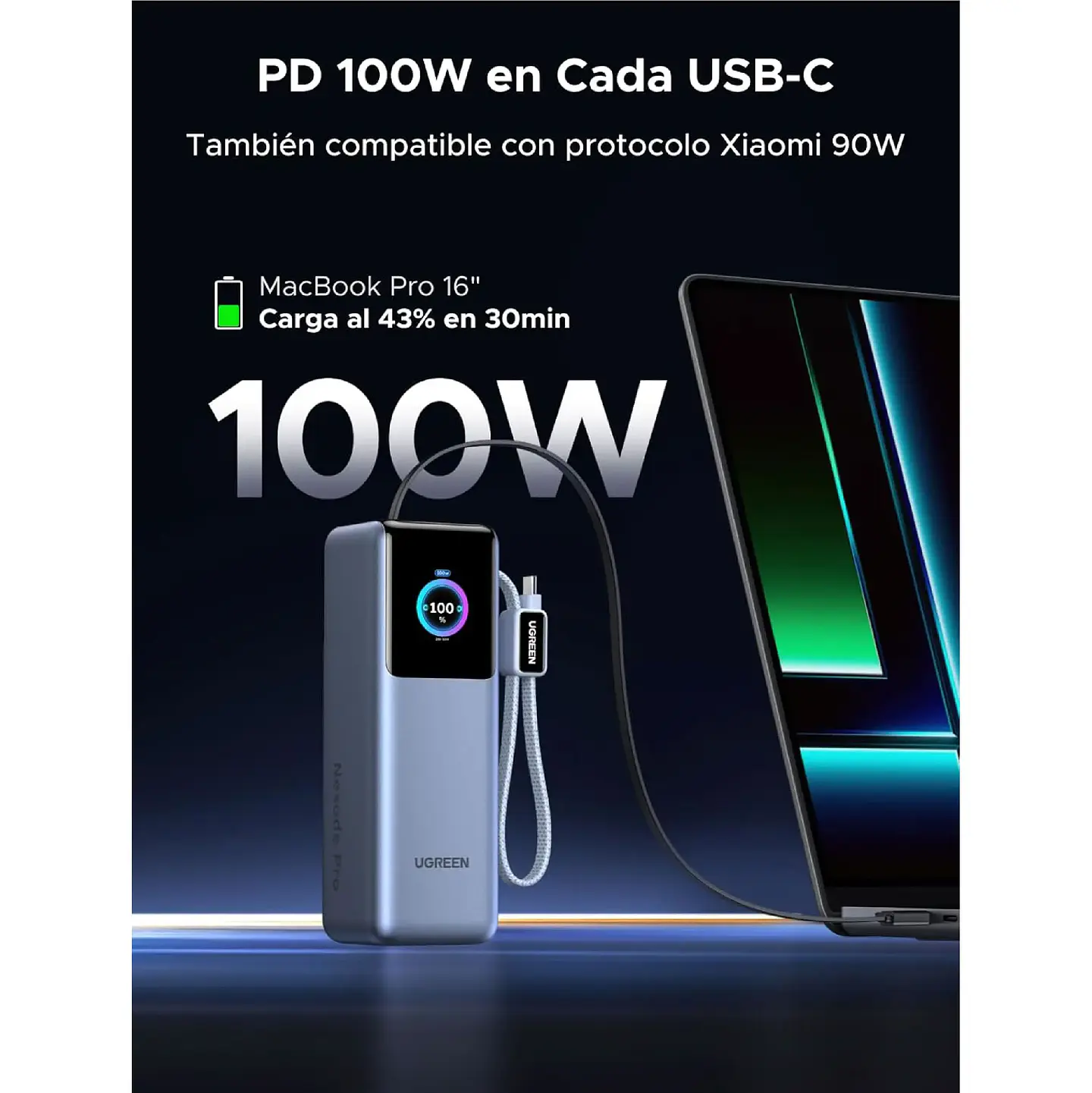 UGREEN PB728 | Power Bank Nexode Pro 25,000mAh 200W con 2 Cables USB-C Integrados 4