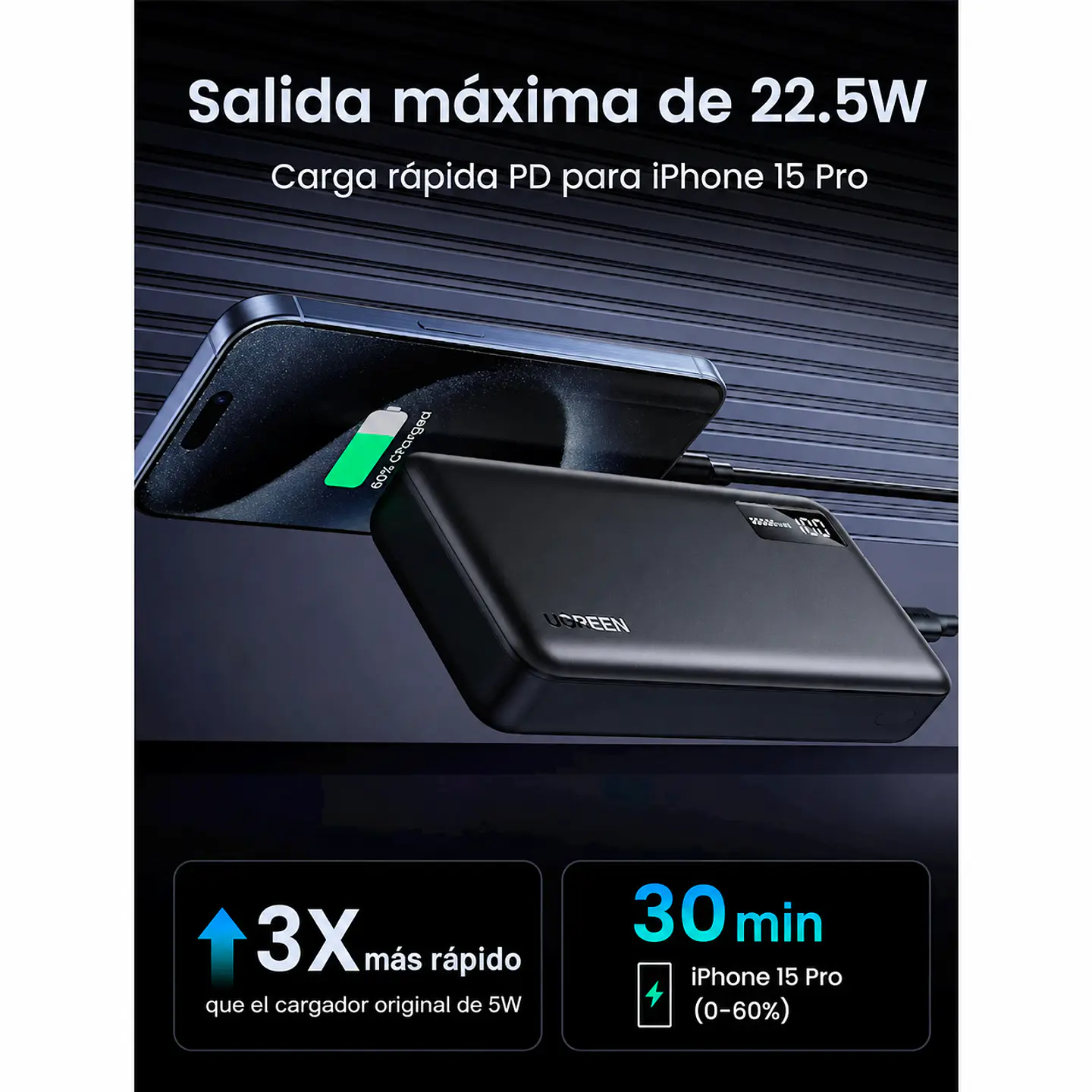 UGREEN PB312 | Power Bank 20,000mAh 22.5W con Pantalla Digital 4